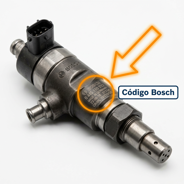Código Bosch — El número de parte Bosch se encuentra grabado en el cuerpo del inyector, generalmente con el formato 0 445 110 XXX