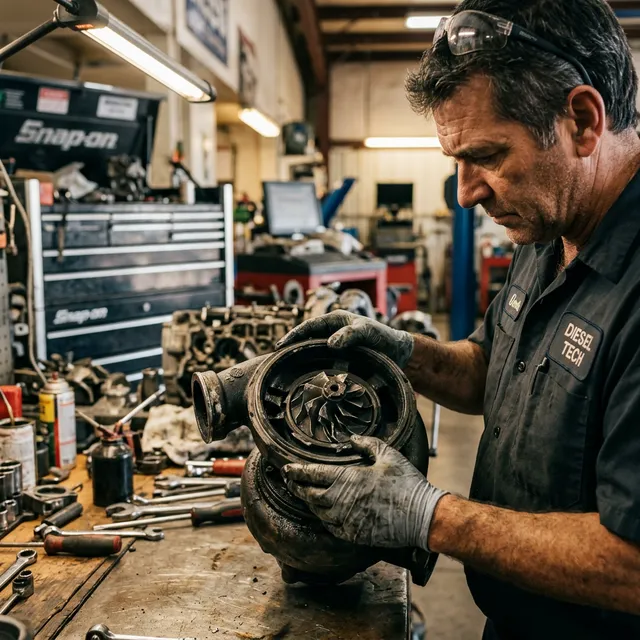 Mecánico inspeccionando un turbo destruido por exceso de temperatura en los gases de escape