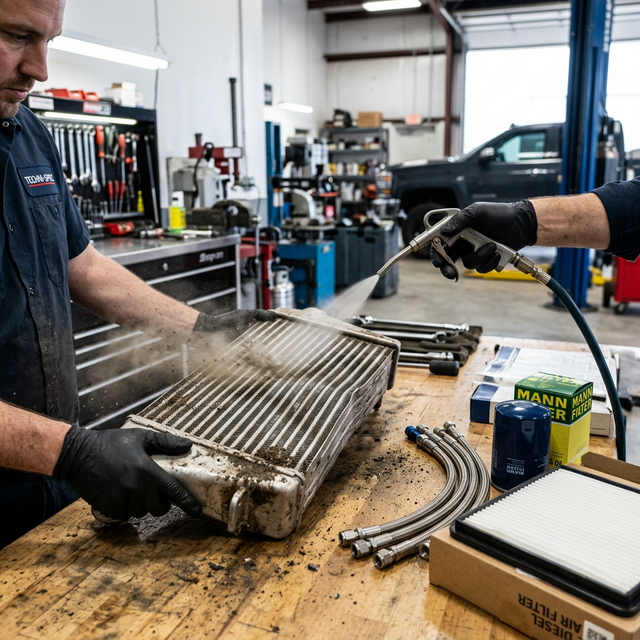 Limpieza del intercooler con aire comprimido — Los fragmentos del turbo viejo deben eliminarse antes de instalar el nuevo