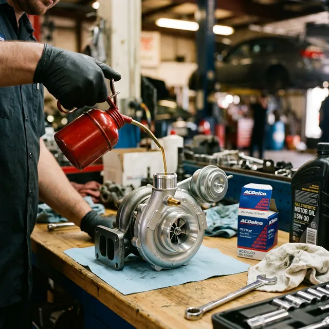 Pre-lubricación del turbo nuevo — Llenar la entrada de aceite antes de arrancar el motor evita daño por giro en seco