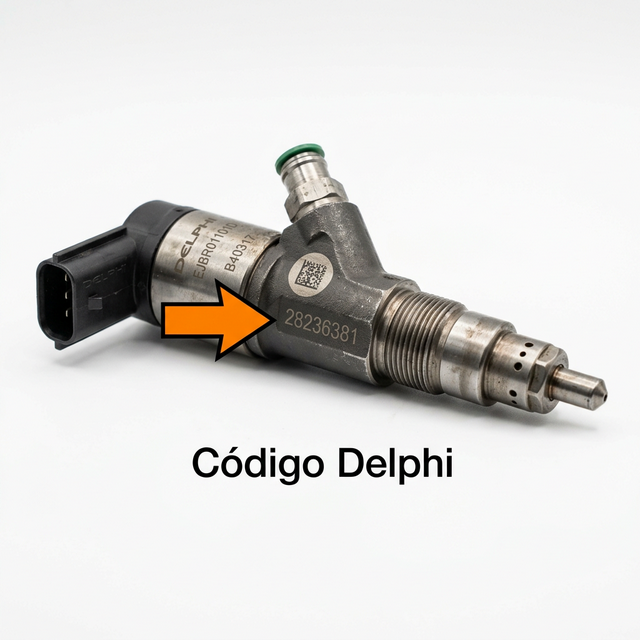 Código Delphi — El número de parte Delphi aparece en el cuerpo del inyector o en la caja, con formatos como 28236381 o EJBR0XXXD