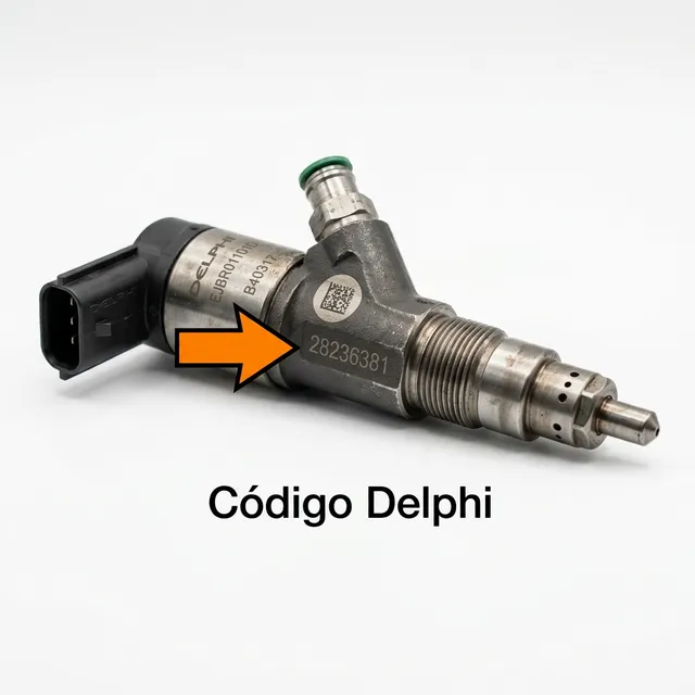 Código Delphi — El número de parte Delphi aparece en el cuerpo del inyector o en la caja, con formatos como 28236381 o EJBR0XXXD