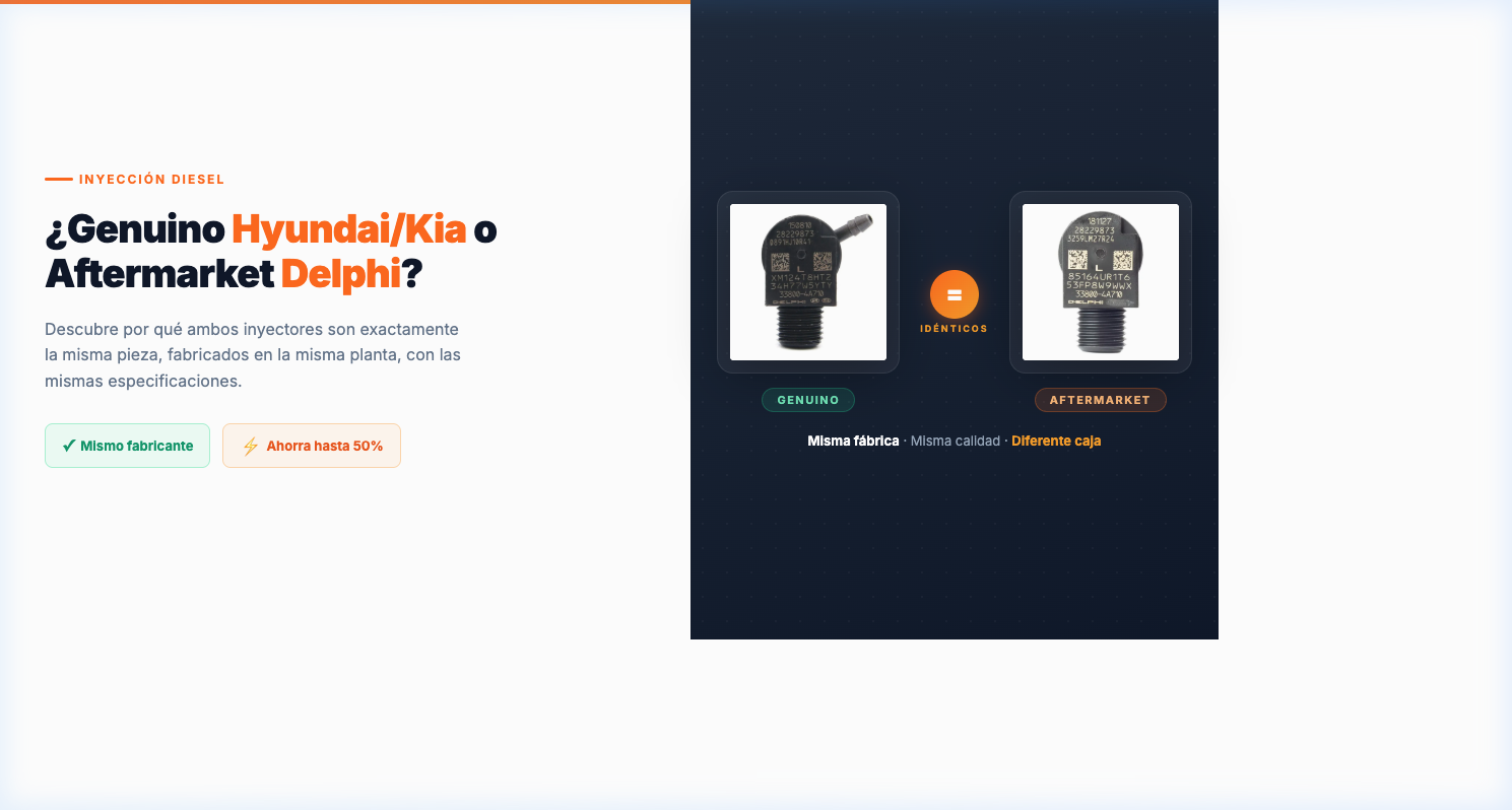 Inyector Delphi genuino Hyundai/Kia vs Aftermarket — Son la misma pieza, mismo fabricante, misma calidad