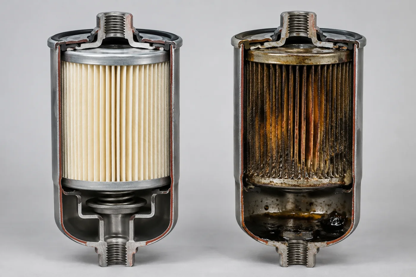 Filtro de combustible nuevo y uno contaminado con agua y sedimento: el caudal cae, la bomba y los inyectores trabajan en seco y aparece la falta de potencia en subida