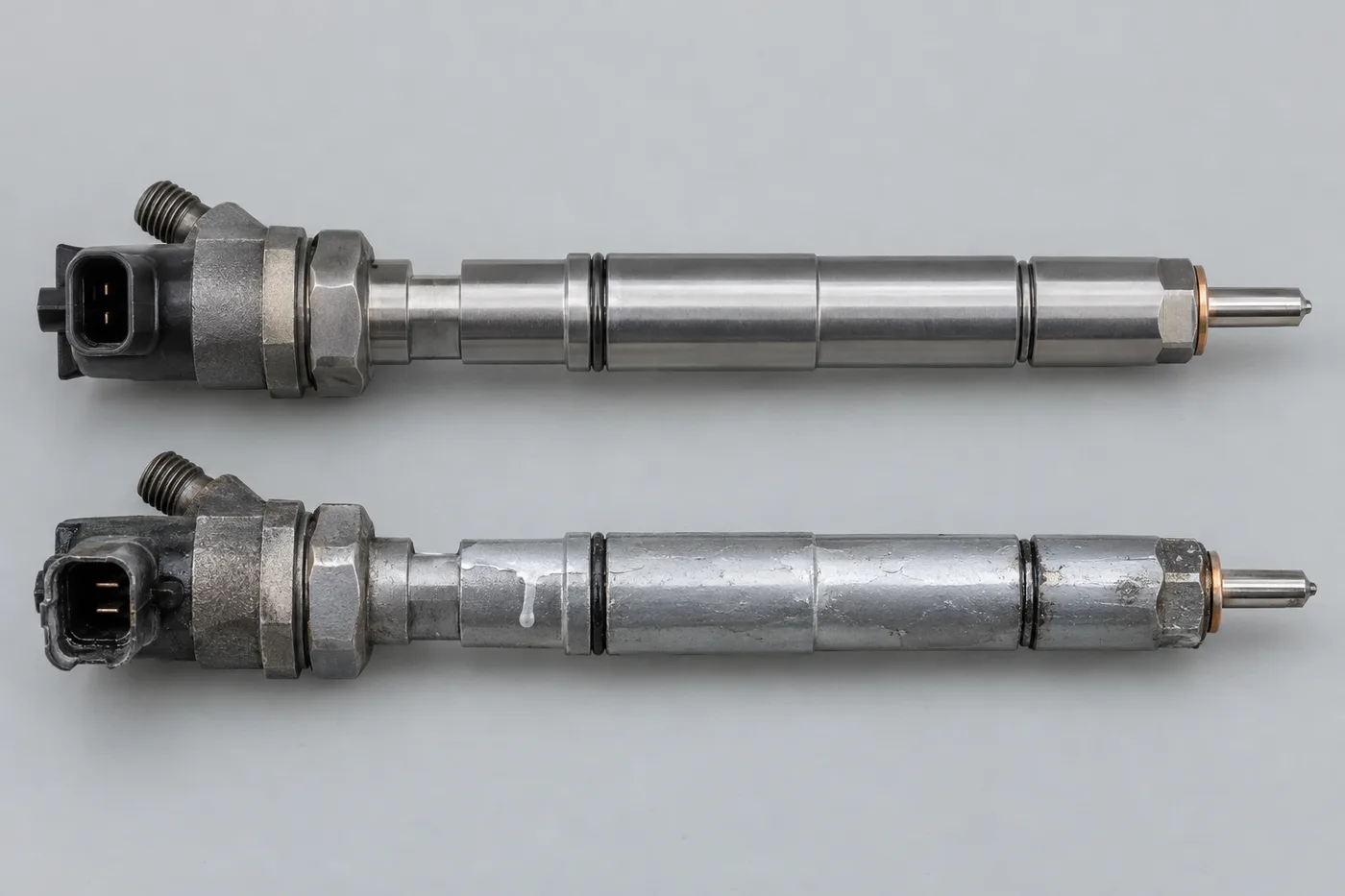 Dos inyectores del mismo modelo uno al lado del otro: arriba uno nuevo de fábrica, con acabado parejo; abajo uno usado vendido como nuevo, con marcas de llave en la tuerca de la tobera, pintura sobre el cuerpo y el conector rayado
