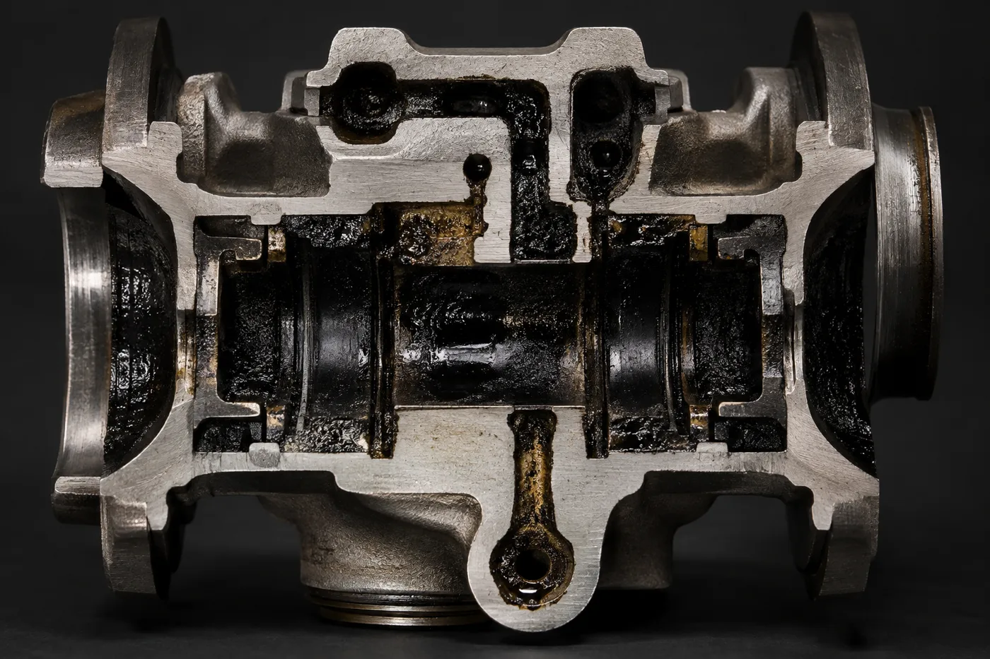 Cuerpo central de un turbo cortado por la mitad: los conductos de aceite tapados por carbón negro y duro. Es el aceite que se cocinó dentro del turbo al apagar el motor caliente, y el motivo más común de que un turbo muera antes de tiempo
