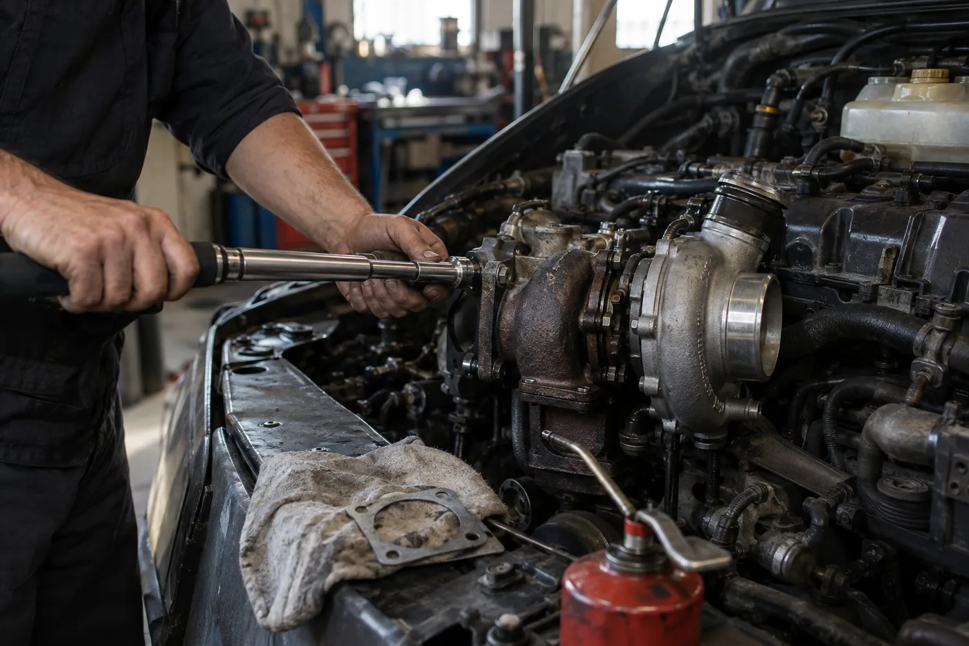 Montaje con llave de torque y junta nueva: el apriete disparejo deforma la brida y provoca fugas de gases que el turbo terminará pagando