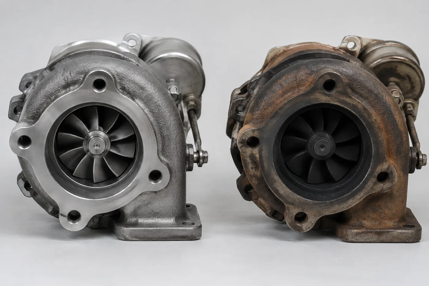 Turbo usado junto a uno nuevo, vistos por el lado de la turbina: el usado tiene la carcasa y los álabes cubiertos de hollín, el nuevo está limpio. Ese hollín es el desgaste normal de miles de horas a más de 700 °C