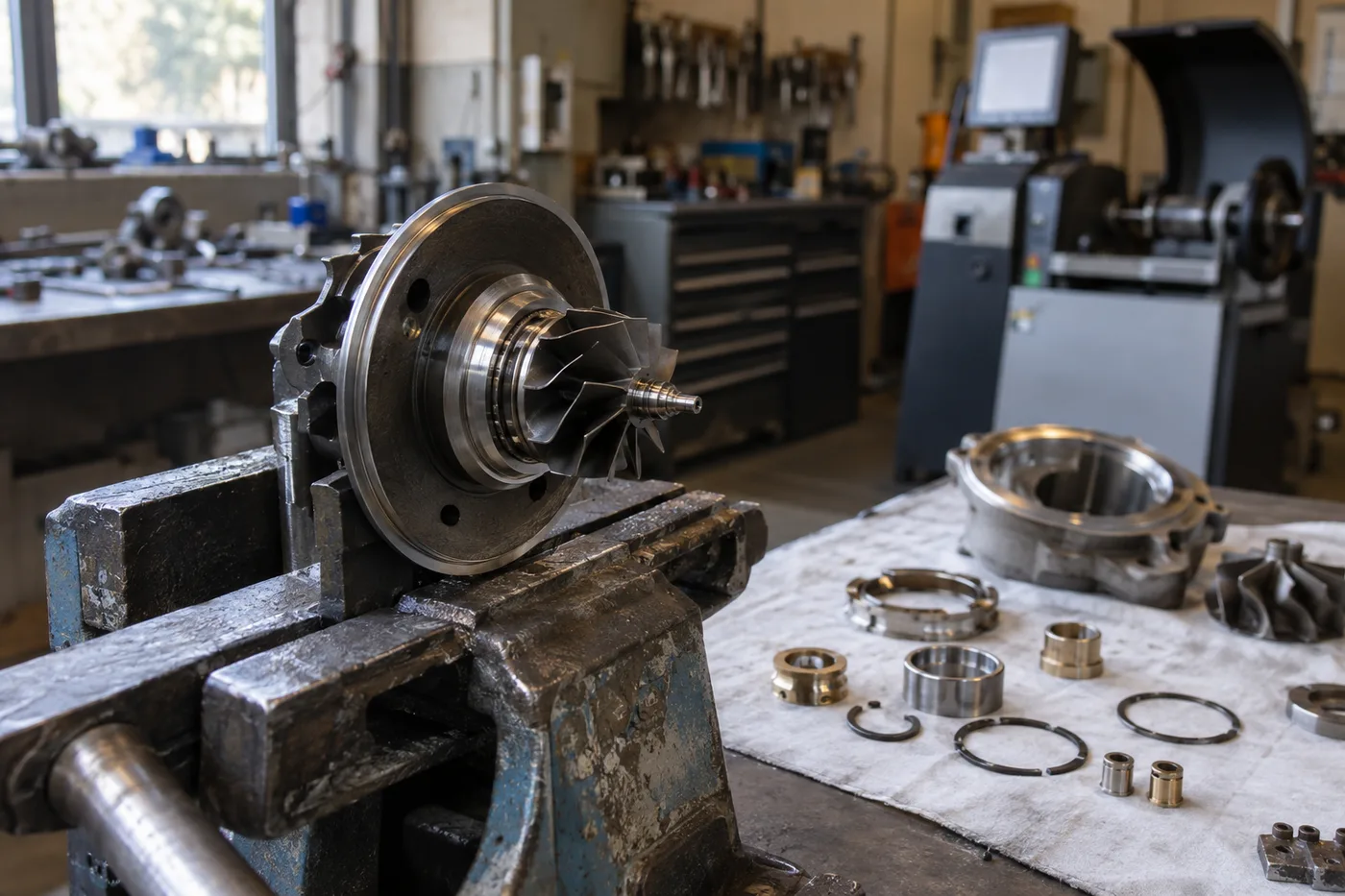 Cartucho en proceso de remanufactura: se reemplazan rodamientos y sellos y el conjunto se equilibra en máquina, que es lo que separa un turbo reparado de uno solo lavado