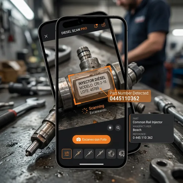 Escaneo con foto de un inyector — Nuestra IA identifica automáticamente los códigos y te muestra los repuestos compatibles