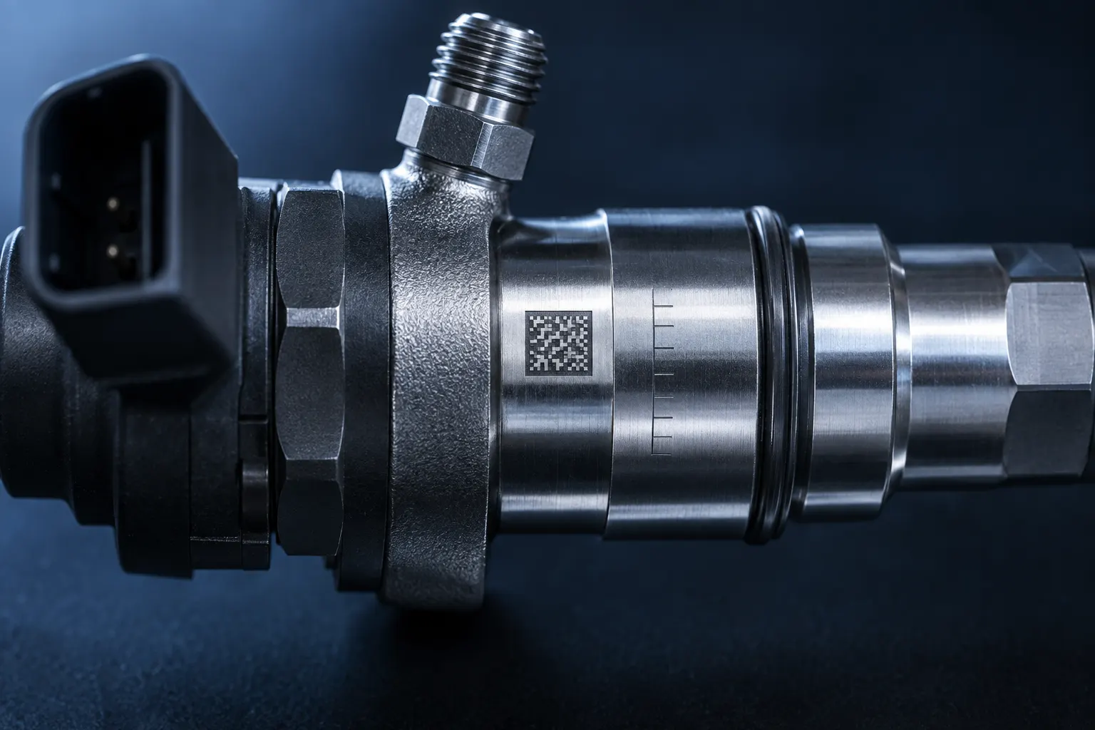 Detalle del cuerpo de un inyector Valkox con su código de calibración y data-matrix grabados