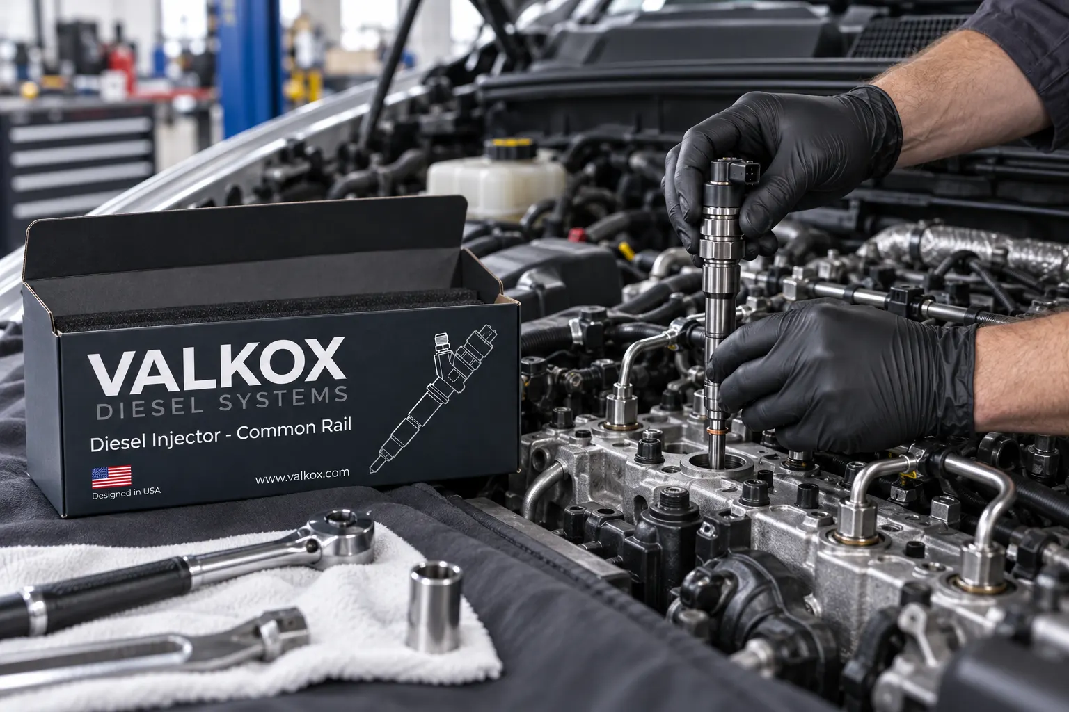 Mecánico instalando un inyector Valkox nuevo en la culata de una camioneta diésel, con la caja Valkox Diesel Systems abierta al lado