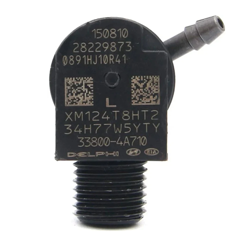 Inyector Delphi genuino con logos Hyundai y Kia visibles — Código 33800-4A710 y número Delphi 28229873