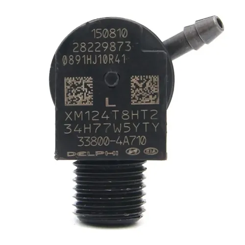 Inyector Delphi genuino con logos Hyundai y Kia visibles — Código 33800-4A710 y número Delphi 28229873